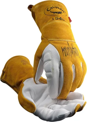 Caiman Premium Goat Grain TIG/Multi-Task Welding Gloves, Split Cowhide Back, 4-Inch Extended Cuff, White/Gold, Small (1540-3)