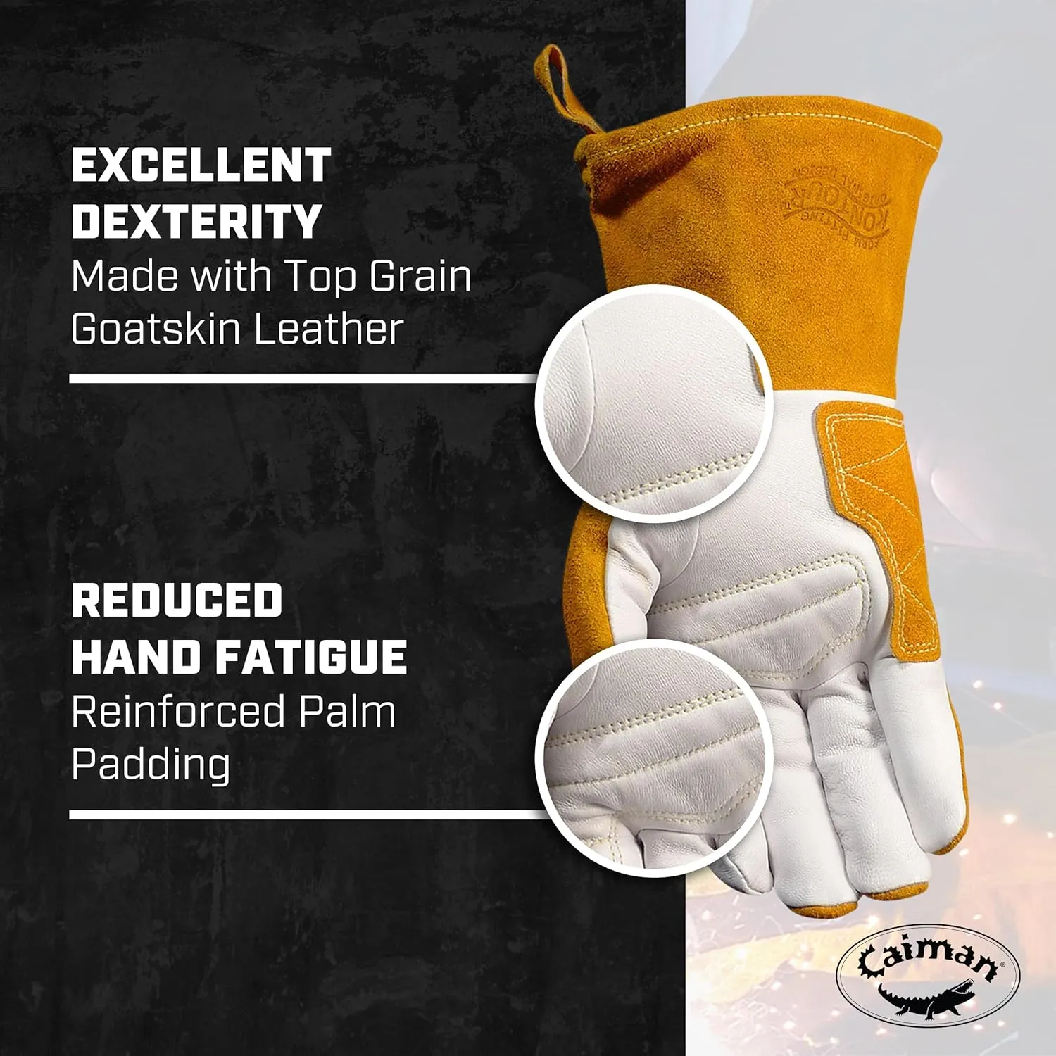 Caiman Premium Goat Grain TIG/Multi-Task Welding Gloves, Split Cowhide Back, 4-Inch Extended Cuff, White/Gold, Small (1540-3)