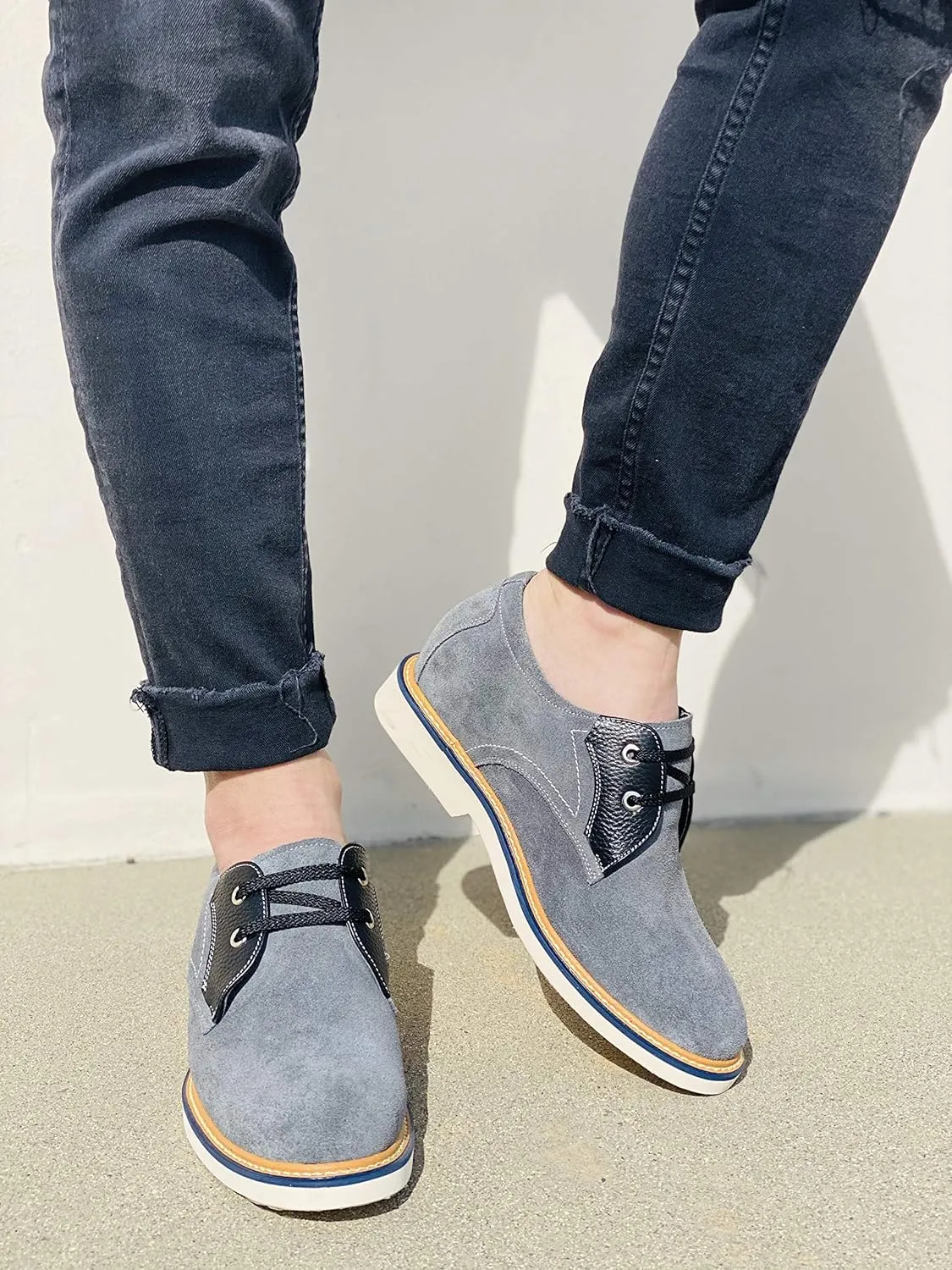 CALTO Men's Invisible Height Increasing Elevator Shoes - Grey/Black Nubuck Leather Lace-up Casual Oxfords - 2.8 Inches Taller - Y42023 - Size 6 D(M) US