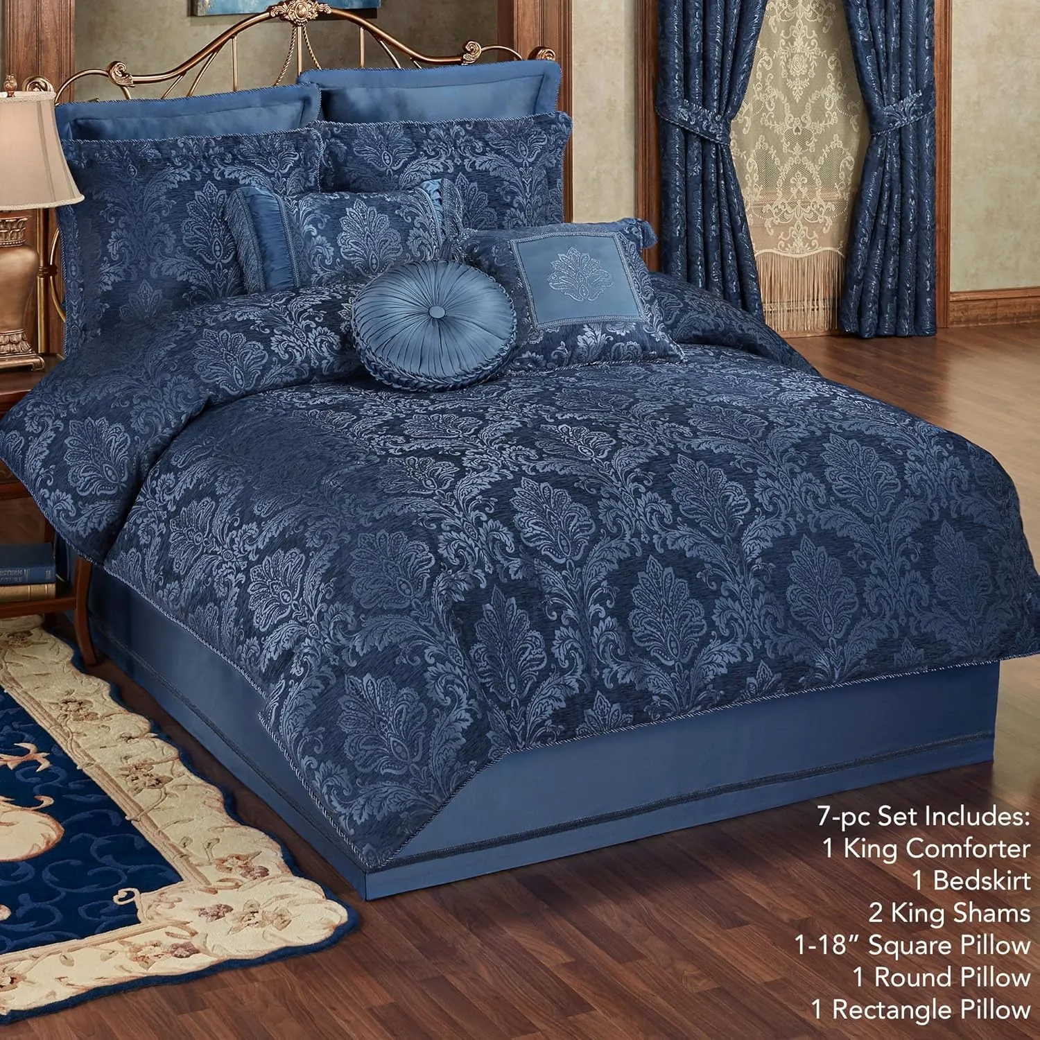 Camelot Luxury Bedding | Calming Navy Blue | Matte Satin Damask on Richly Textured Jacquard-Woven Chenille | 7 Piece Set Includes King Comforter, Bedskirt, 2 King Shams, and 3 Decorative Pillows