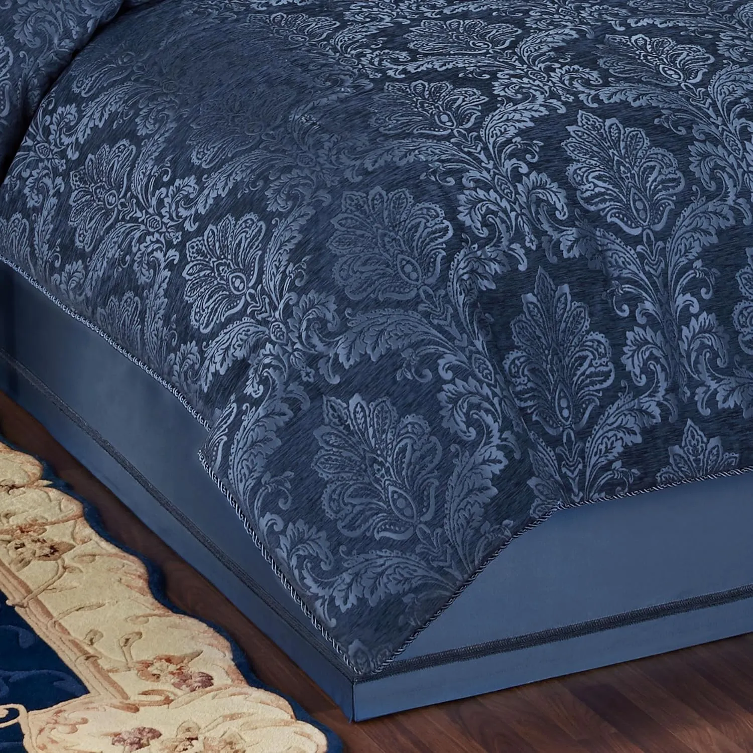 Camelot Luxury Bedding | Calming Navy Blue | Matte Satin Damask on Richly Textured Jacquard-Woven Chenille | 7 Piece Set Includes King Comforter, Bedskirt, 2 King Shams, and 3 Decorative Pillows