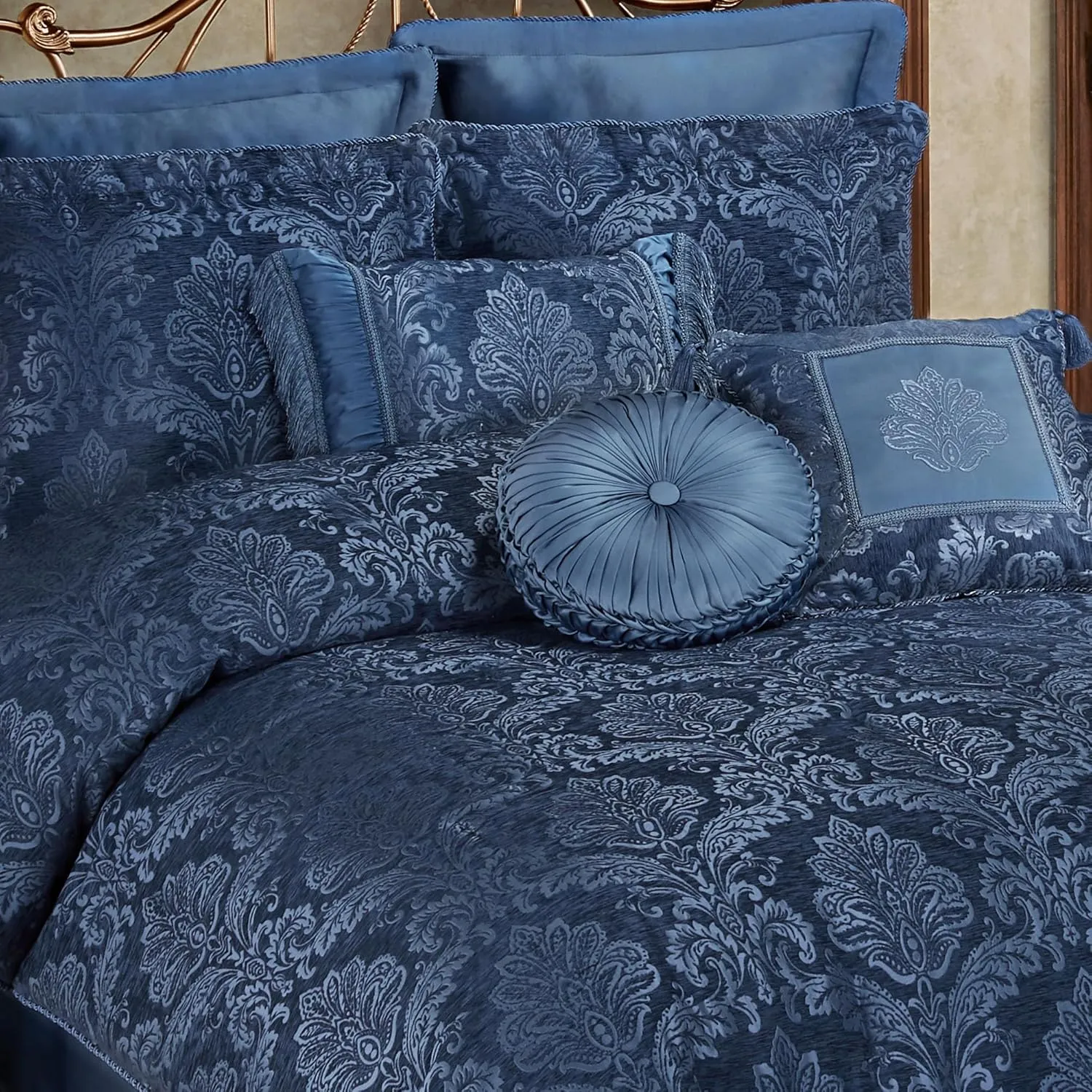 Camelot Luxury Bedding | Calming Navy Blue | Matte Satin Damask on Richly Textured Jacquard-Woven Chenille | 7 Piece Set Includes King Comforter, Bedskirt, 2 King Shams, and 3 Decorative Pillows