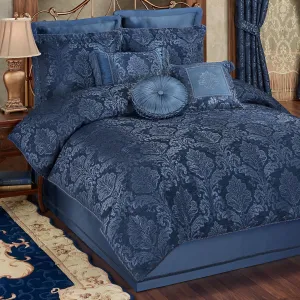 Camelot Luxury Bedding | Calming Navy Blue | Matte Satin Damask on Richly Textured Jacquard-Woven Chenille | 7 Piece Set Includes King Comforter, Bedskirt, 2 King Shams, and 3 Decorative Pillows