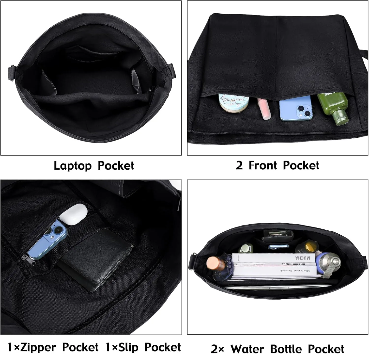 Canvas Crossbody Bag Shoulder Message Bag Large Hobo Tote Bag for Women and Men Work College Bag with Computer Compartment