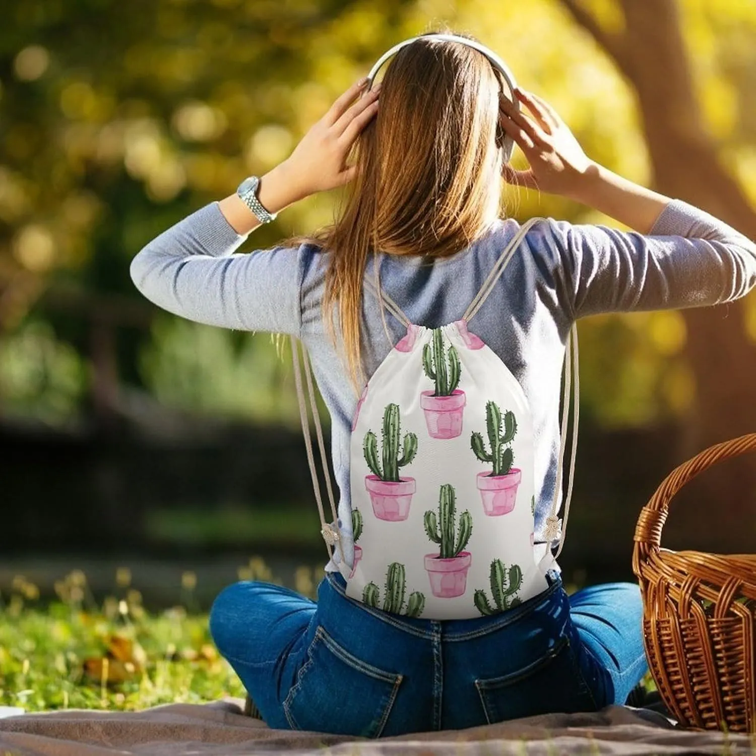 Canvas Drawstring Backpack, Peach Pot Pattern Drawstring Sport Gym Bags for Travel, Work, Yoga & Daily Use