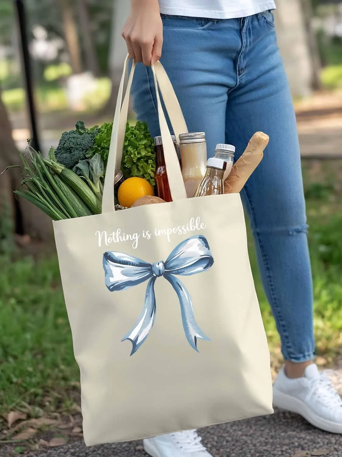 Canvas Tote Bag Blue Bow Reusable Grocery Shopping Bags with Handle, Positive Energy Word Large Canvas