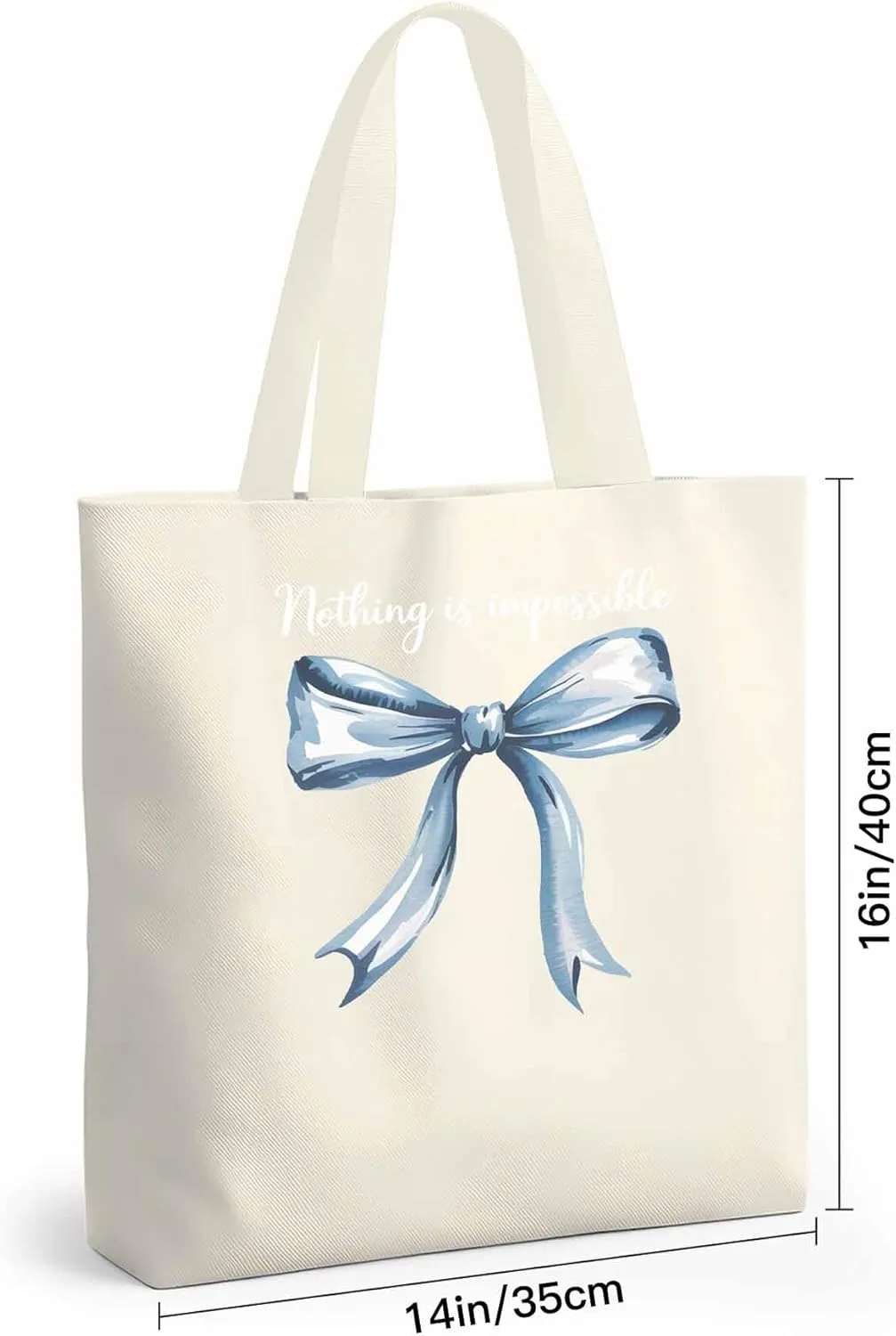 Canvas Tote Bag Blue Bow Reusable Grocery Shopping Bags with Handle, Positive Energy Word Large Canvas