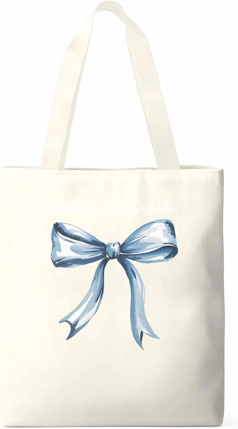 Canvas Tote Bag Blue Bow Reusable Grocery Shopping Bags with Handle, Positive Energy Word Large Canvas