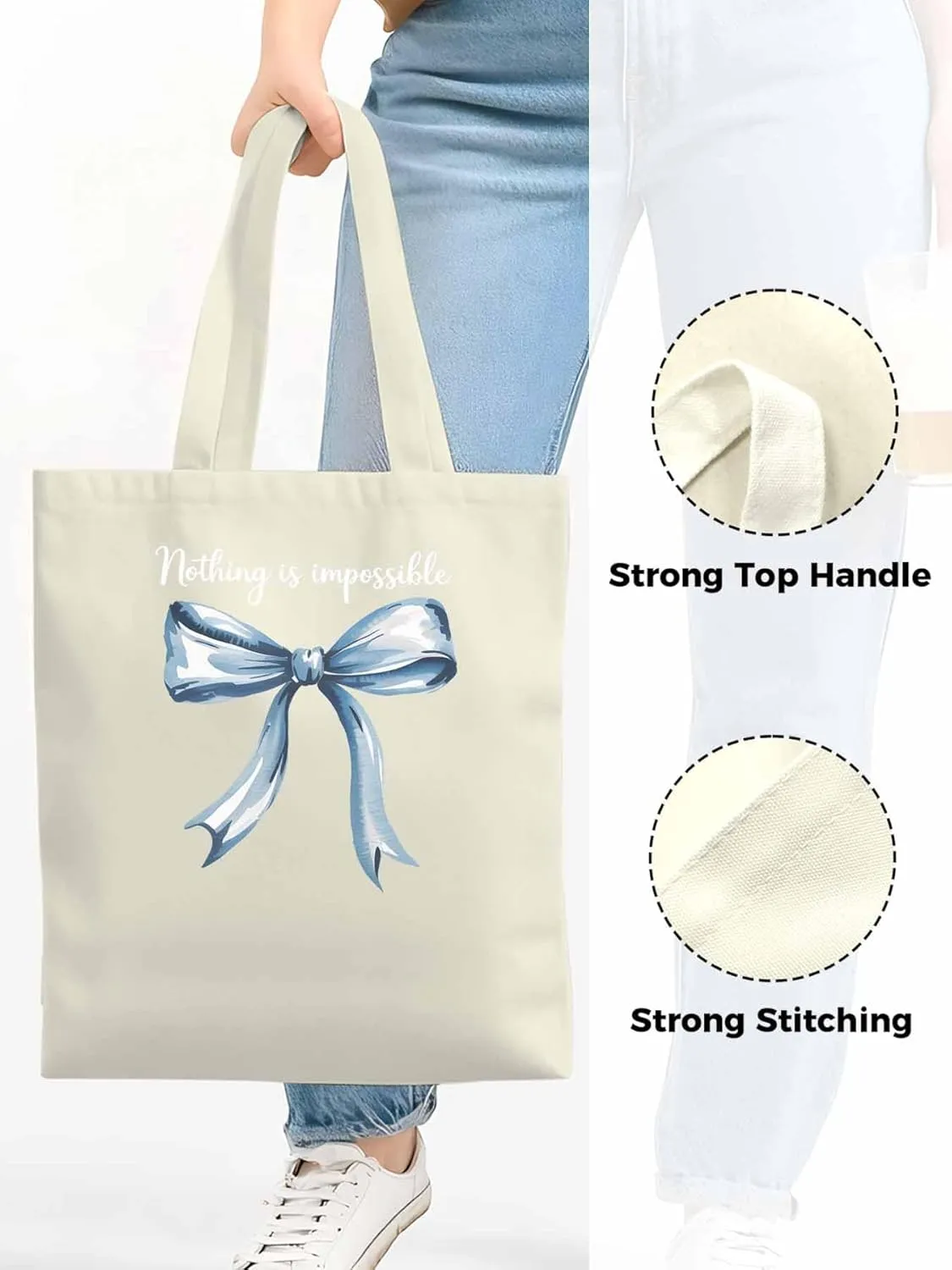 Canvas Tote Bag Blue Bow Reusable Grocery Shopping Bags with Handle, Positive Energy Word Large Canvas
