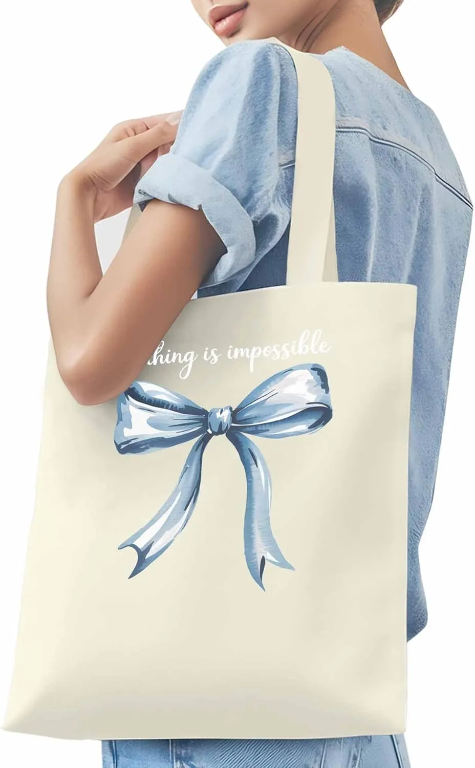 Canvas Tote Bag Blue Bow Reusable Grocery Shopping Bags with Handle, Positive Energy Word Large Canvas