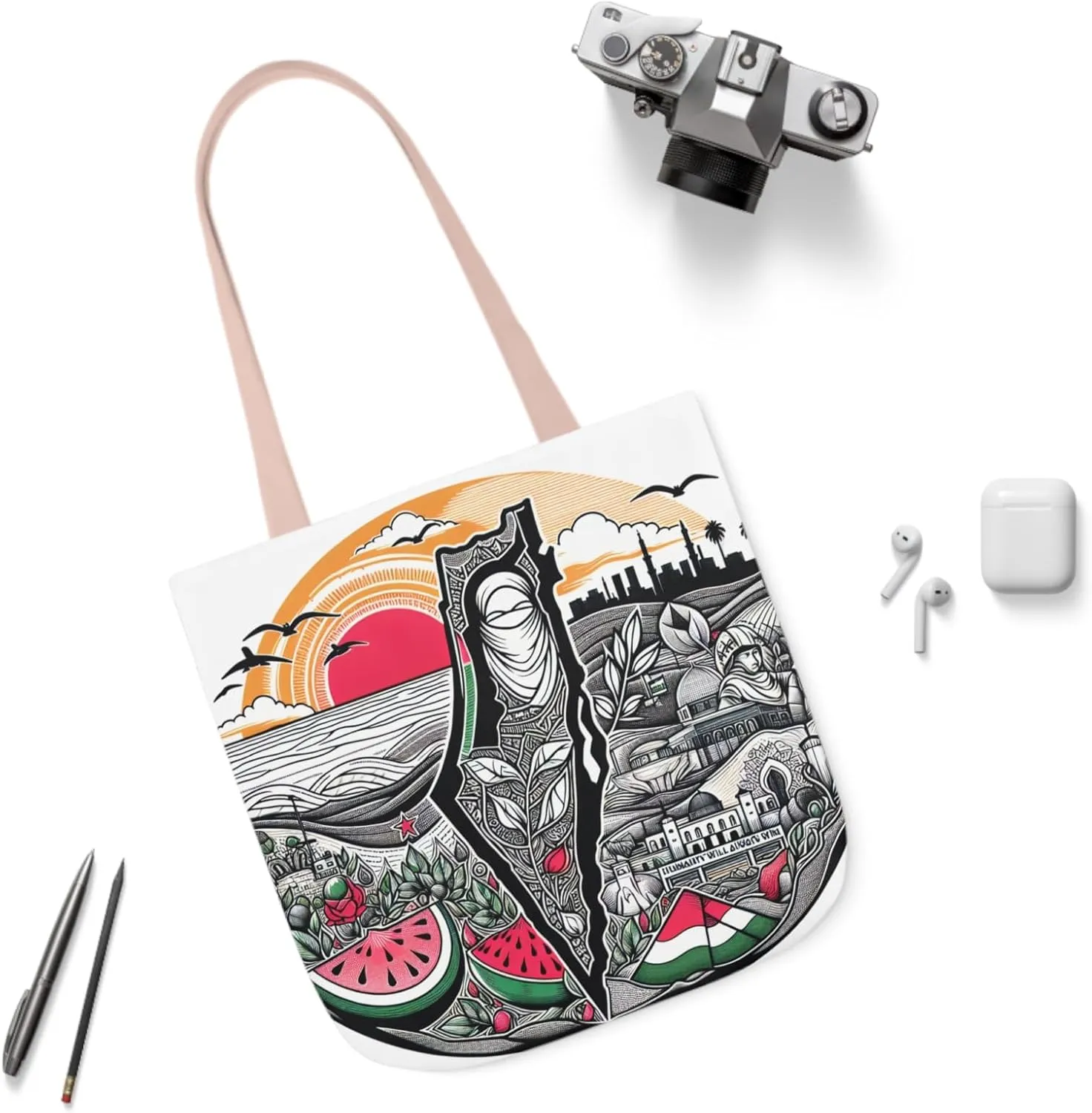 Canvas Tote Bag, Free Palestine Map Flag, Pro-Palestinian Tote, Activist Shoulder Bag, Political Statement Tote, Watermelon