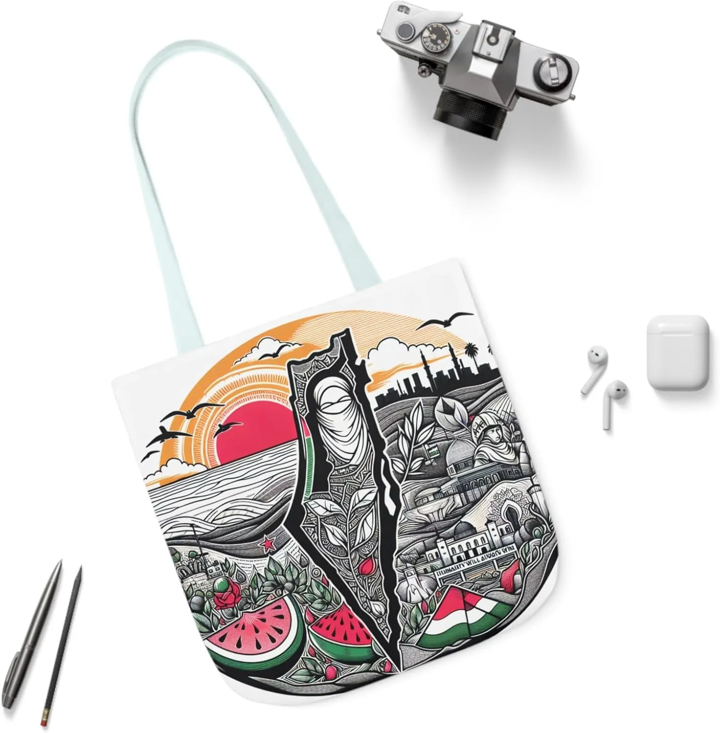 Canvas Tote Bag, Free Palestine Map Flag, Pro-Palestinian Tote, Activist Shoulder Bag, Political Statement Tote, Watermelon