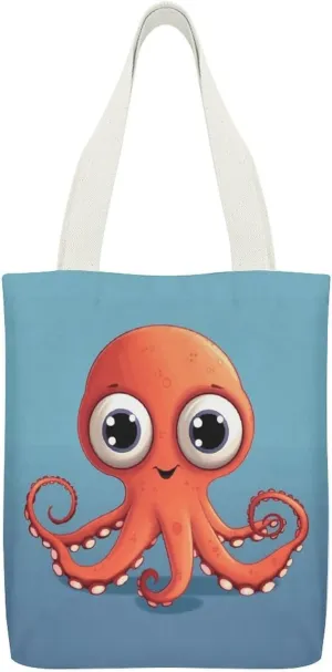 Canvas Tote Bags Big-eyed Red Octopus Print Reusable Grocery Bag Lightweight Shopping Handbag with Internal Pocket Double-sided Pattern