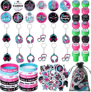 Capoda 110 Pcs Music Party Favor Supplies Kit Media Theme Gift Bag Filler Silicone Bracelets Button Pins Music Keychains Stampers Stickers for Boys Girls Birthday Party Decorations Supplies
