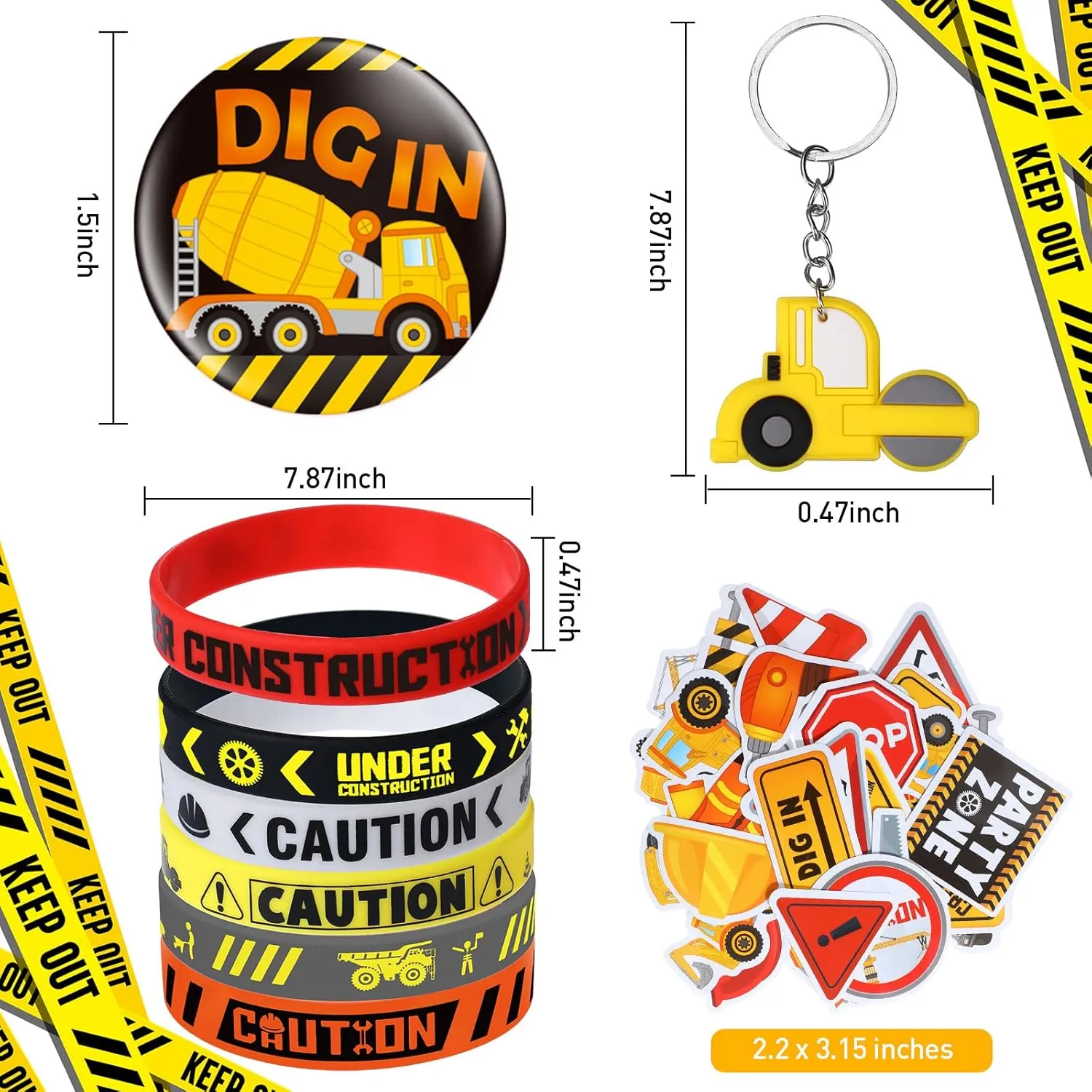 Capoda 122 Pcs Construction Party Favors Construction Theme Birthday Party Supplies Mini Truck Vehicles Toy Rubber Bracelet Keychain Stamper Button Pin Truck Stickers Bags for Birthday Gift