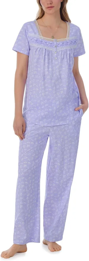 Carole Hochman Pajama Sets for Women 2 Piece Cotton Knit Short Sleeve Long Pant PJ Set