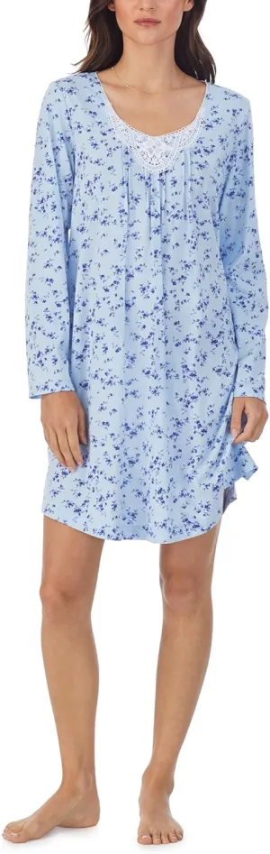 Carole Hochman Women's 100% Cotton Long Sleeve Short Nightgown – V-Neck, Floral Lace Trim, Pintucks, Side Slits, 36'' Length