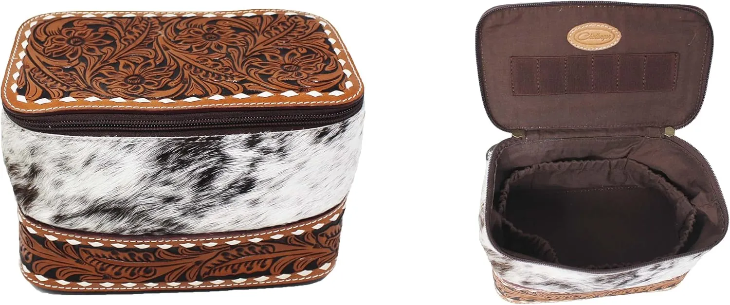 CHALLENGER Women's Western Antique Floral Basket Cowhide Tooled Leather Cosmetic Travel Train Bag 18Train