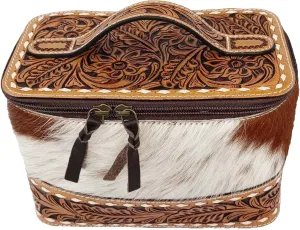 CHALLENGER Women's Western Antique Floral Basket Cowhide Tooled Leather Cosmetic Travel Train Bag 18Train
