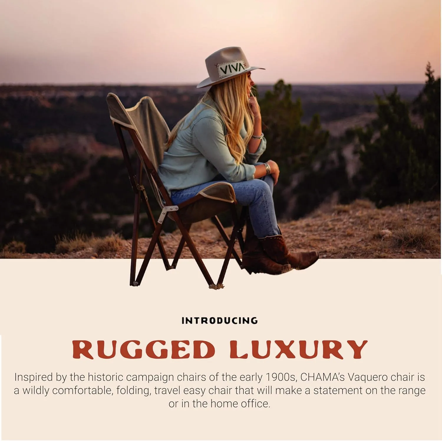 CHAMA Vaquero Chair & Travel Bag - Slate and Bone- Beautiful Outdoor Wood and Canvas Portable Folding Chair Ideal for Camping, Patios, Lawns, or Indoor Use - Supports 300 lbs