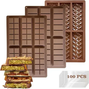 Chocolate Bar Mold,3 Pack Dubai Chocolate Bar Mold Deep Silicone for Filling Knafeh Pistachio, Non-Stick Candy Bar Molds Silicone for Baking with 100Pcs Bags (3pcs)