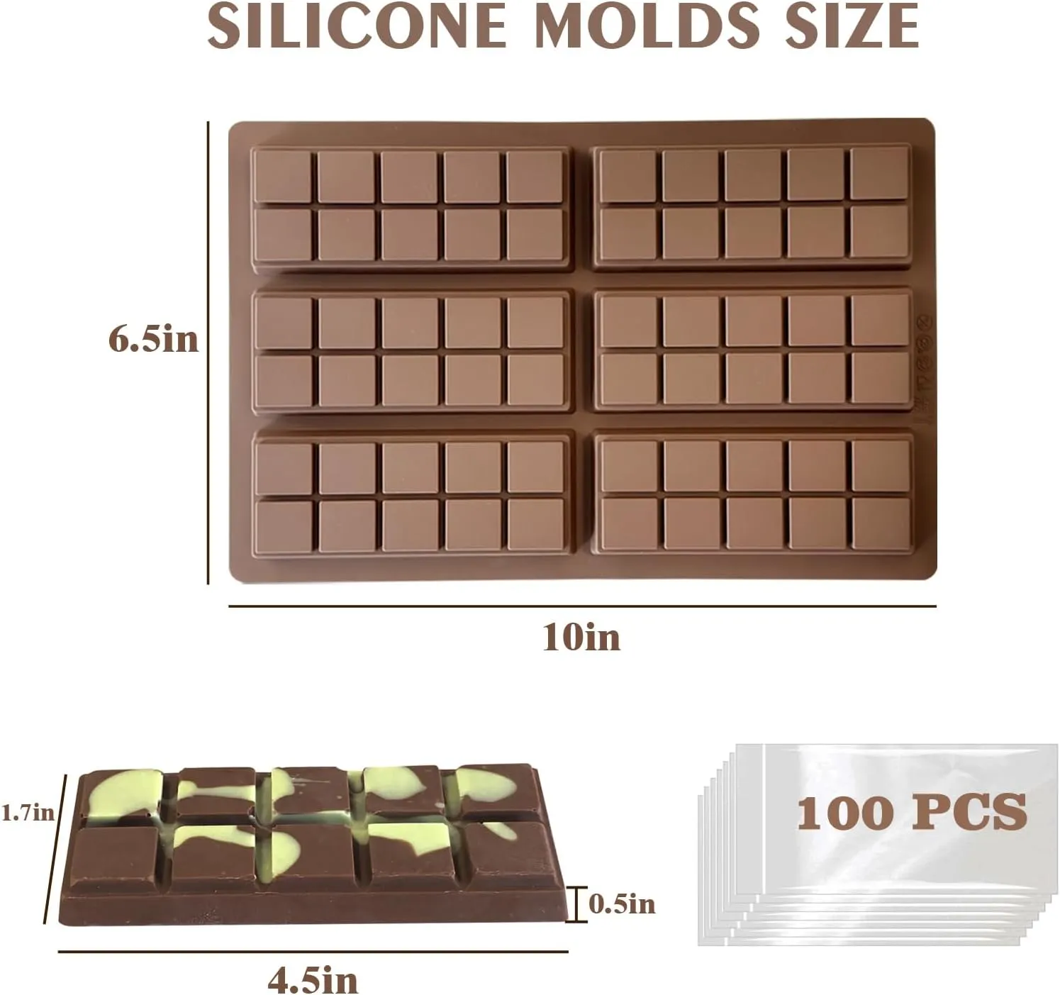 Chocolate Bar Mold,3 Pack Dubai Chocolate Bar Mold Deep Silicone for Filling Knafeh Pistachio, Non-Stick Candy Bar Molds Silicone for Baking with 100Pcs Bags (3pcs)