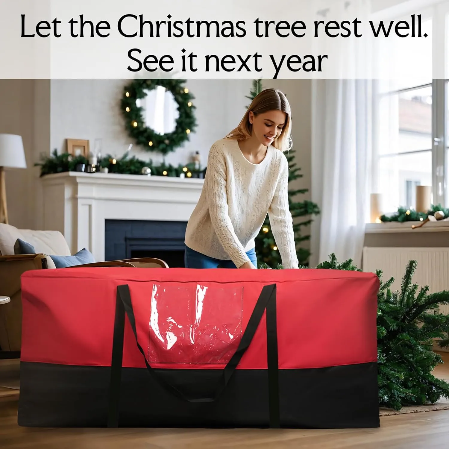 Christmas Tree Bag,Fits Up 8 Ft Tall Artificial Trees,600D Oxford Material,Heavy Duty Tree Bag,Dampproof Storage Bag with Durable Reinforced Handles & Dual Zipper&Transparent Pocket