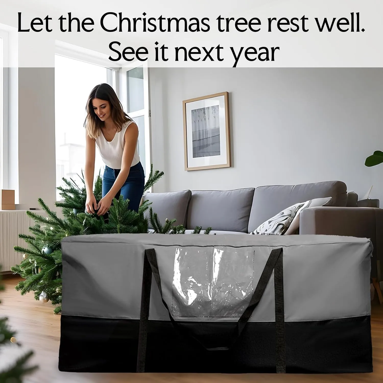 Christmas Tree Bag,Fits Up 8 Ft Tall Artificial Trees,600D Oxford Material,Heavy Duty Tree Bag,Dampproof Storage Bag with Durable Reinforced Handles & Dual Zipper&Transparent Pocket