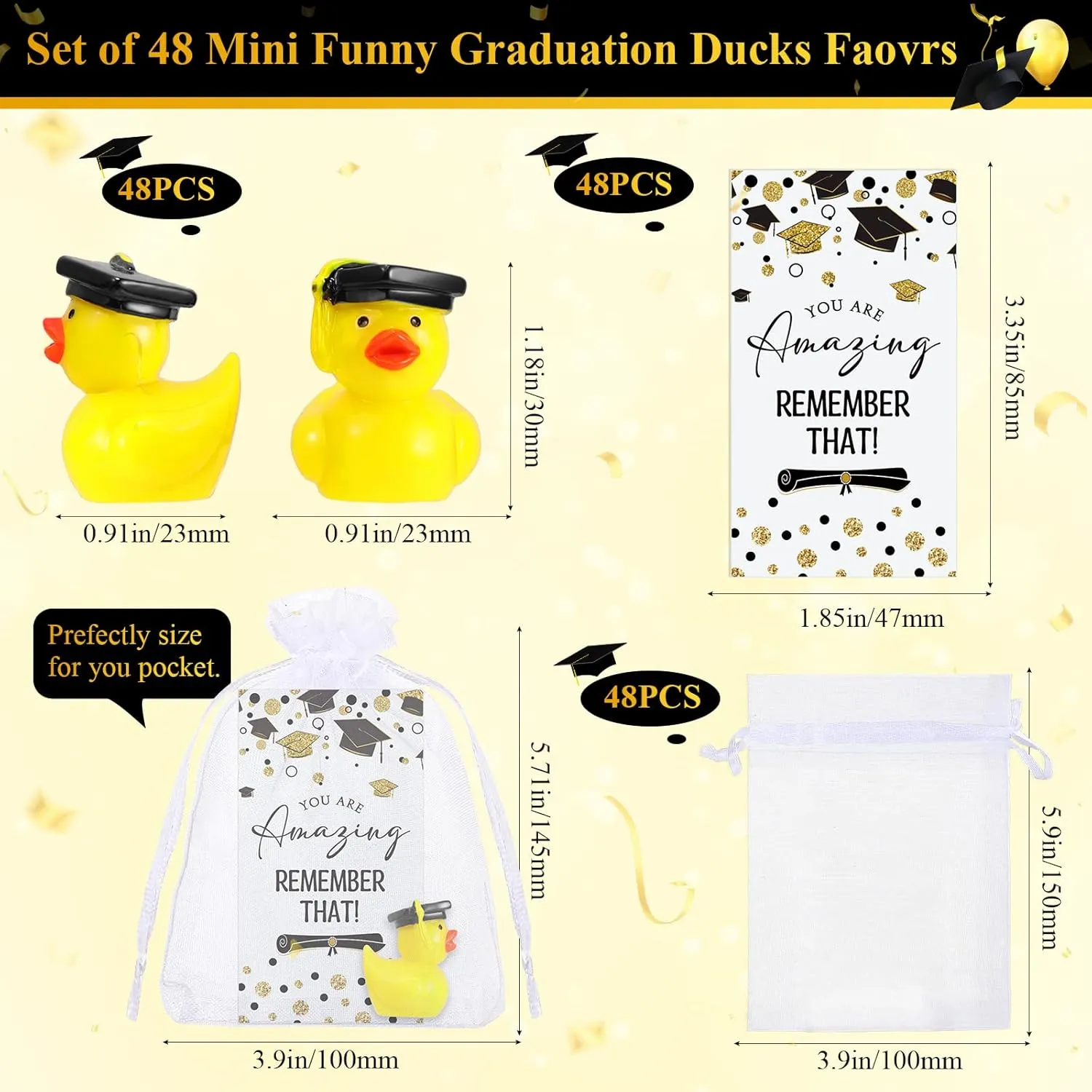 Chunful 48 Sets Class of 2025 Graduation Gifts Resin Ducks Funny Duck with Inspirational Congratulation Cards Organza Bags for School Student College Son Daughter Preschool Graduation Party Supplies