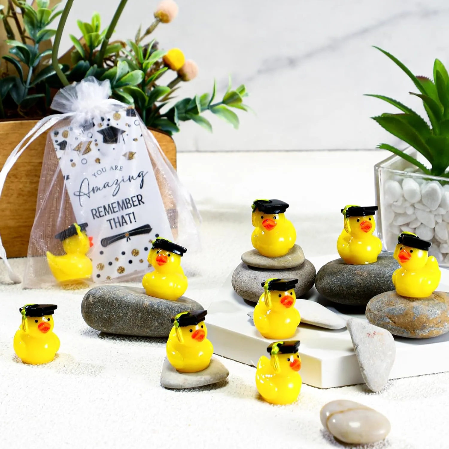 Chunful 48 Sets Class of 2025 Graduation Gifts Resin Ducks Funny Duck with Inspirational Congratulation Cards Organza Bags for School Student College Son Daughter Preschool Graduation Party Supplies