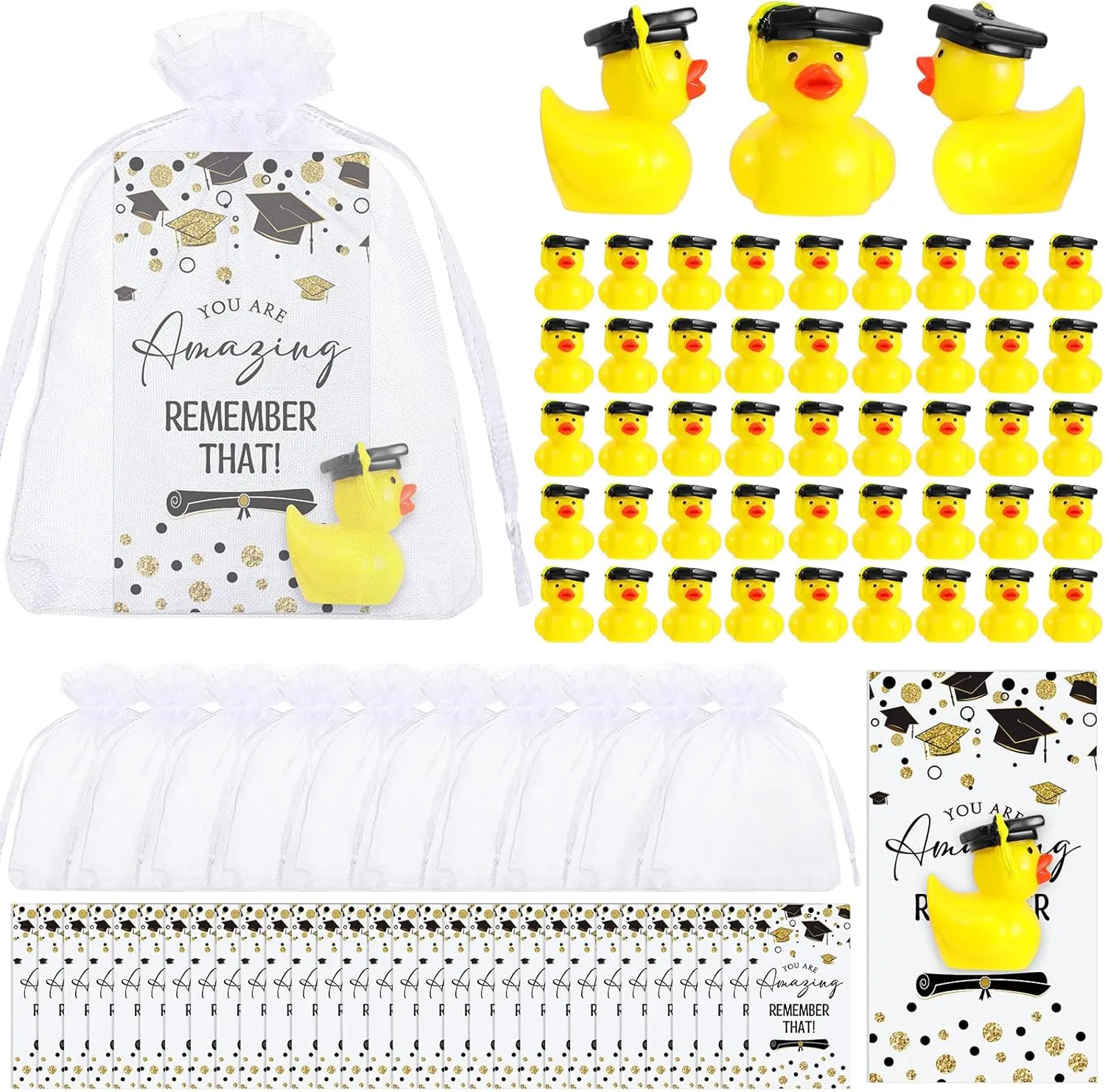 Chunful 48 Sets Class of 2025 Graduation Gifts Resin Ducks Funny Duck with Inspirational Congratulation Cards Organza Bags for School Student College Son Daughter Preschool Graduation Party Supplies