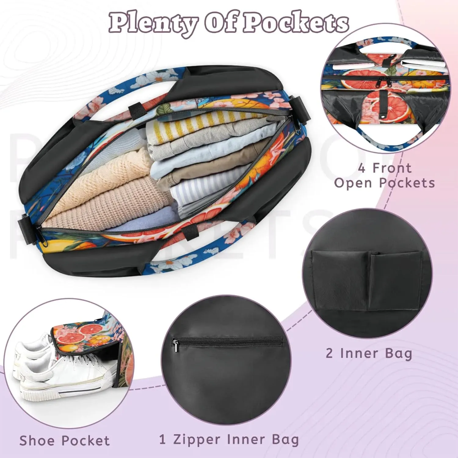 Citrus Flower Blend Waterproof Gym Bag for Men Women, Sports Duffel Bag with Shoe Compartment Yoga Mat Holder, Portable Large Travel Bag for Fitness, Camping, Weekend Trips