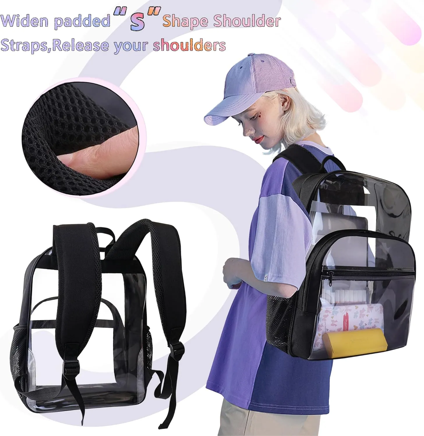 Clear Backpack for School, Heavy Duty Transparent Backpack with 0.6 mm PVC Bookbag 18 inch Clear Bags, Pink