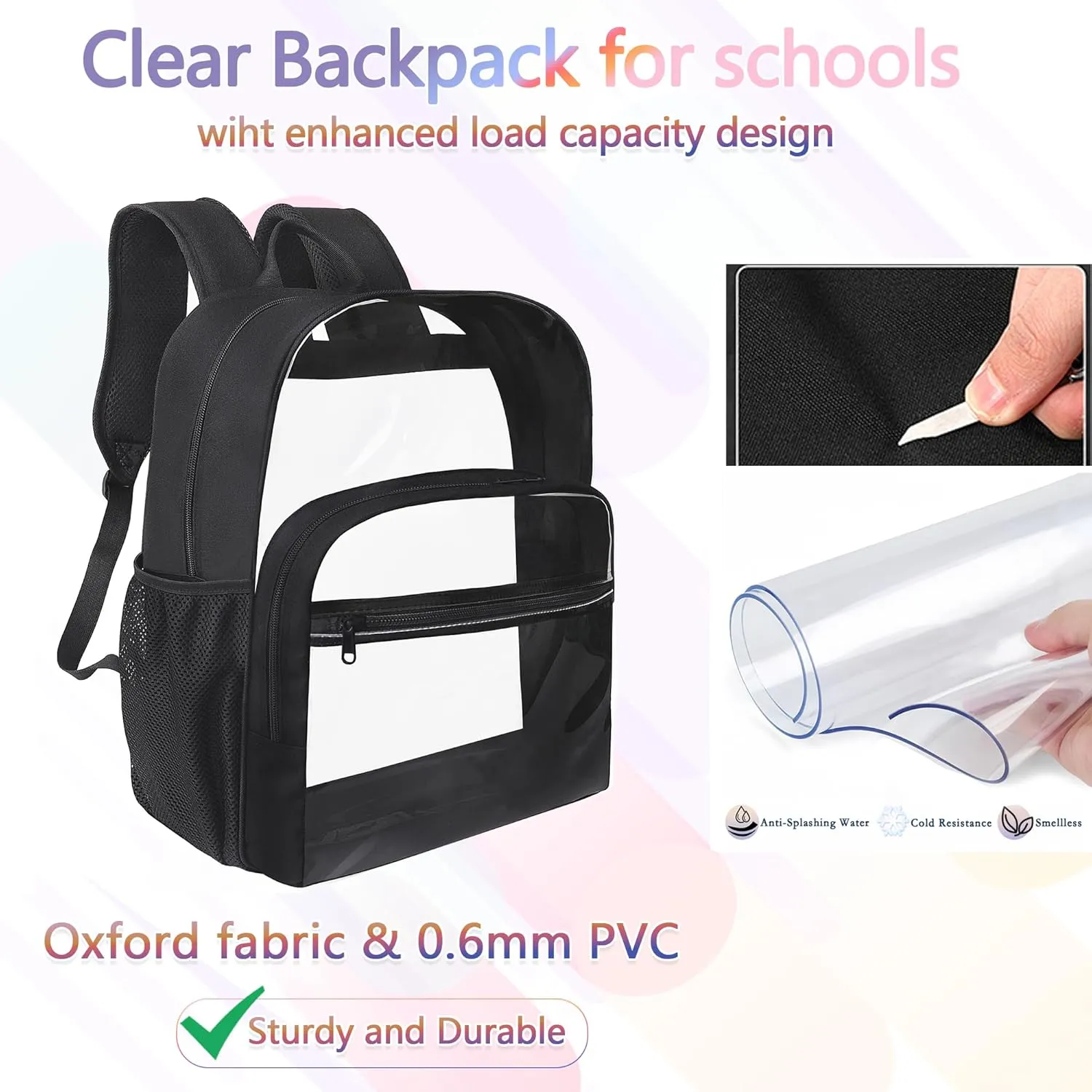 Clear Backpack for School, Heavy Duty Transparent Backpack with 0.6 mm PVC Bookbag 18 inch Clear Bags, Pink