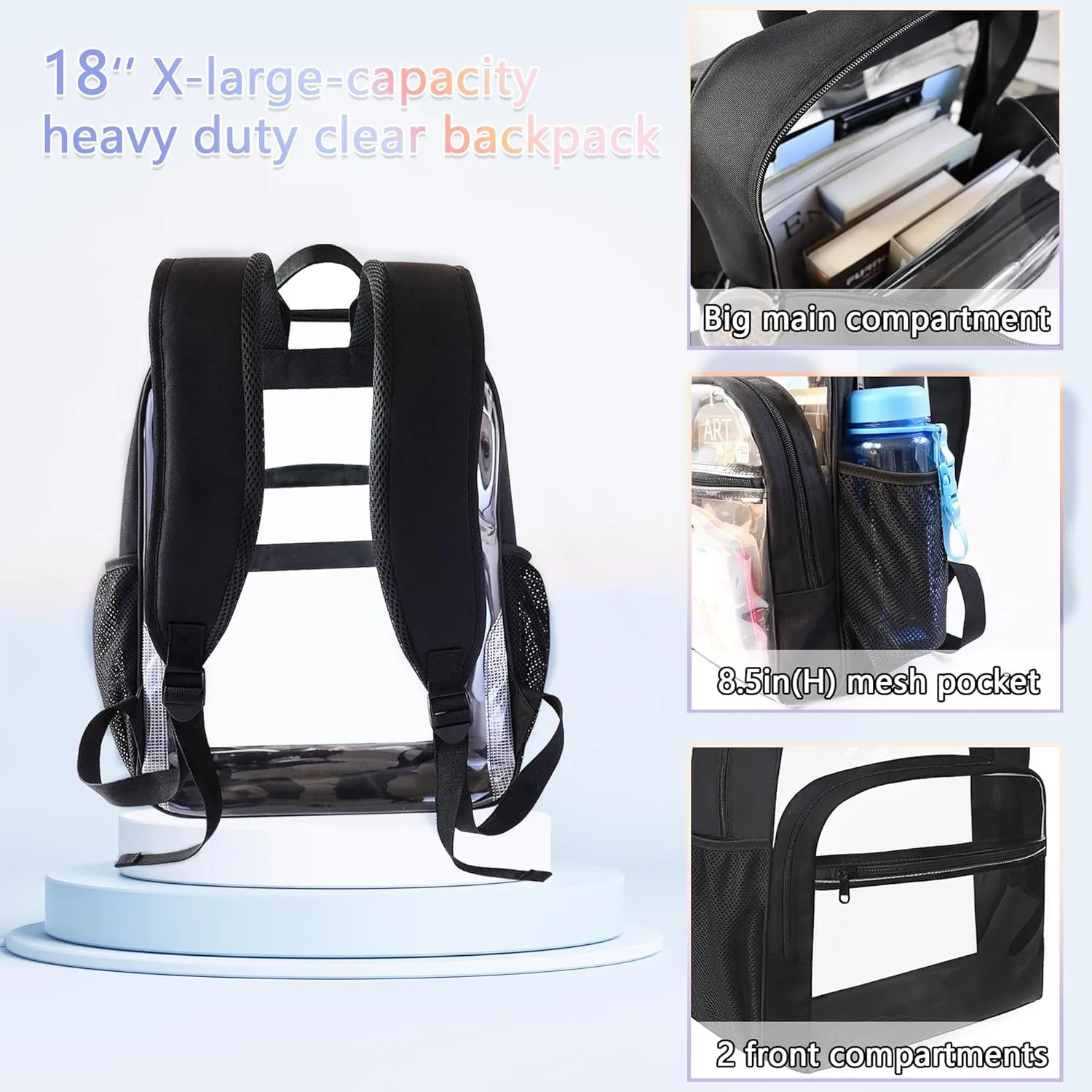 Clear Backpack for School, Heavy Duty Transparent Backpack with 0.6 mm PVC Bookbag 18 inch Clear Bags, Pink