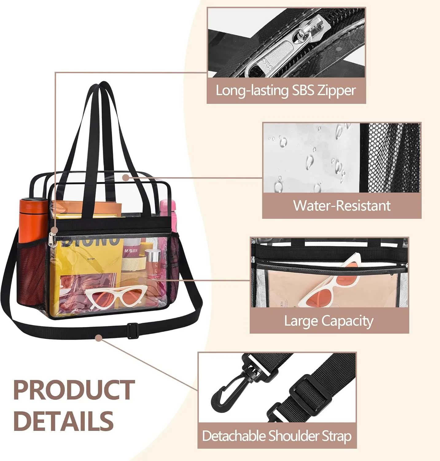 Clear Bag for Stadium Events - 12x6x12, Transparent Sports Bag with Reinforced Shoulder Straps