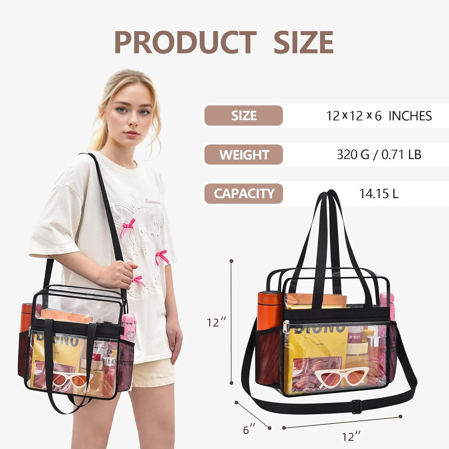 Clear Bag for Stadium Events - 12x6x12, Transparent Sports Bag with Reinforced Shoulder Straps
