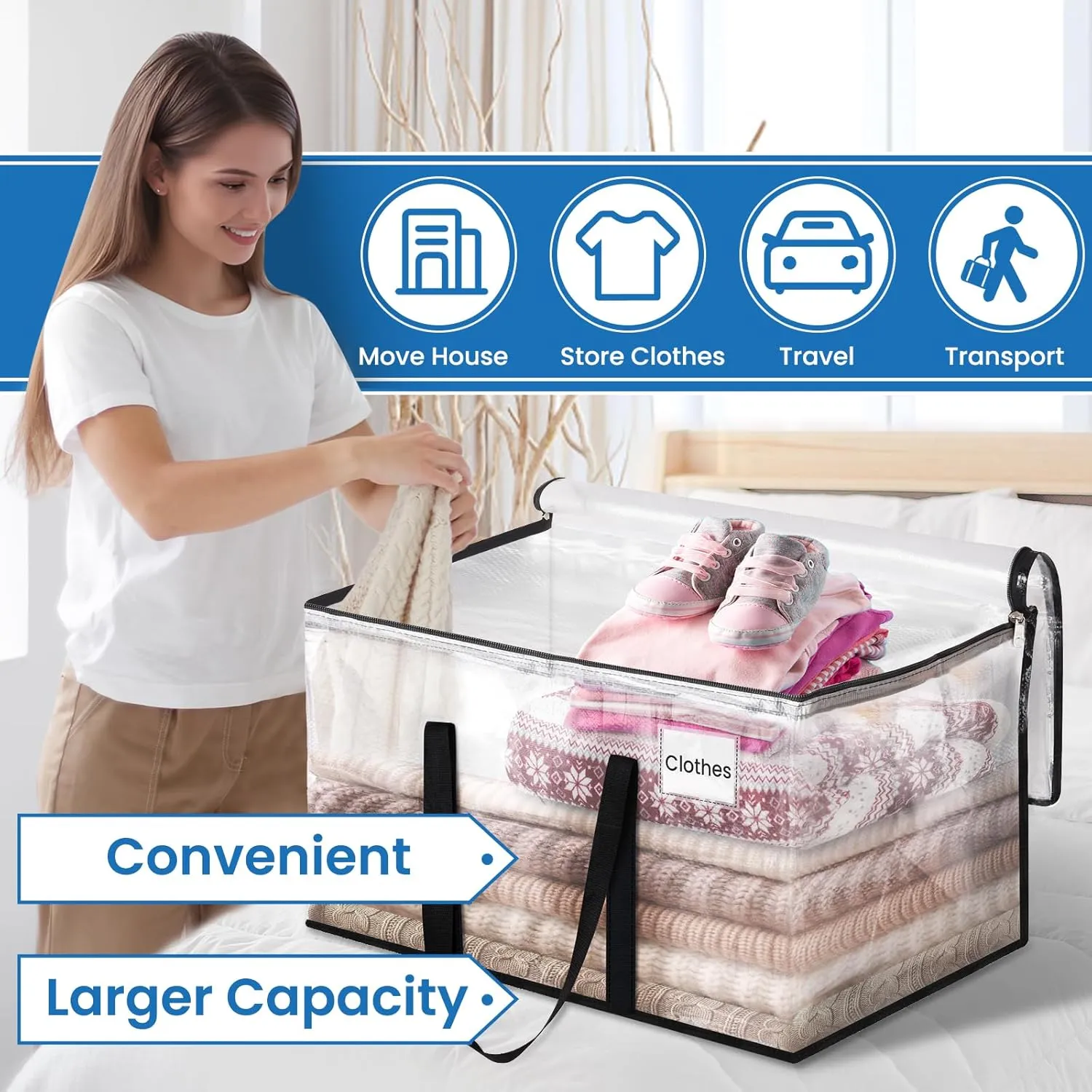 Clear Heavy Duty Extra Large Storage Bags, Reinforced Handles and Double Zippers, Packing Bags Alternative to Moving Boxes (6 Pack)