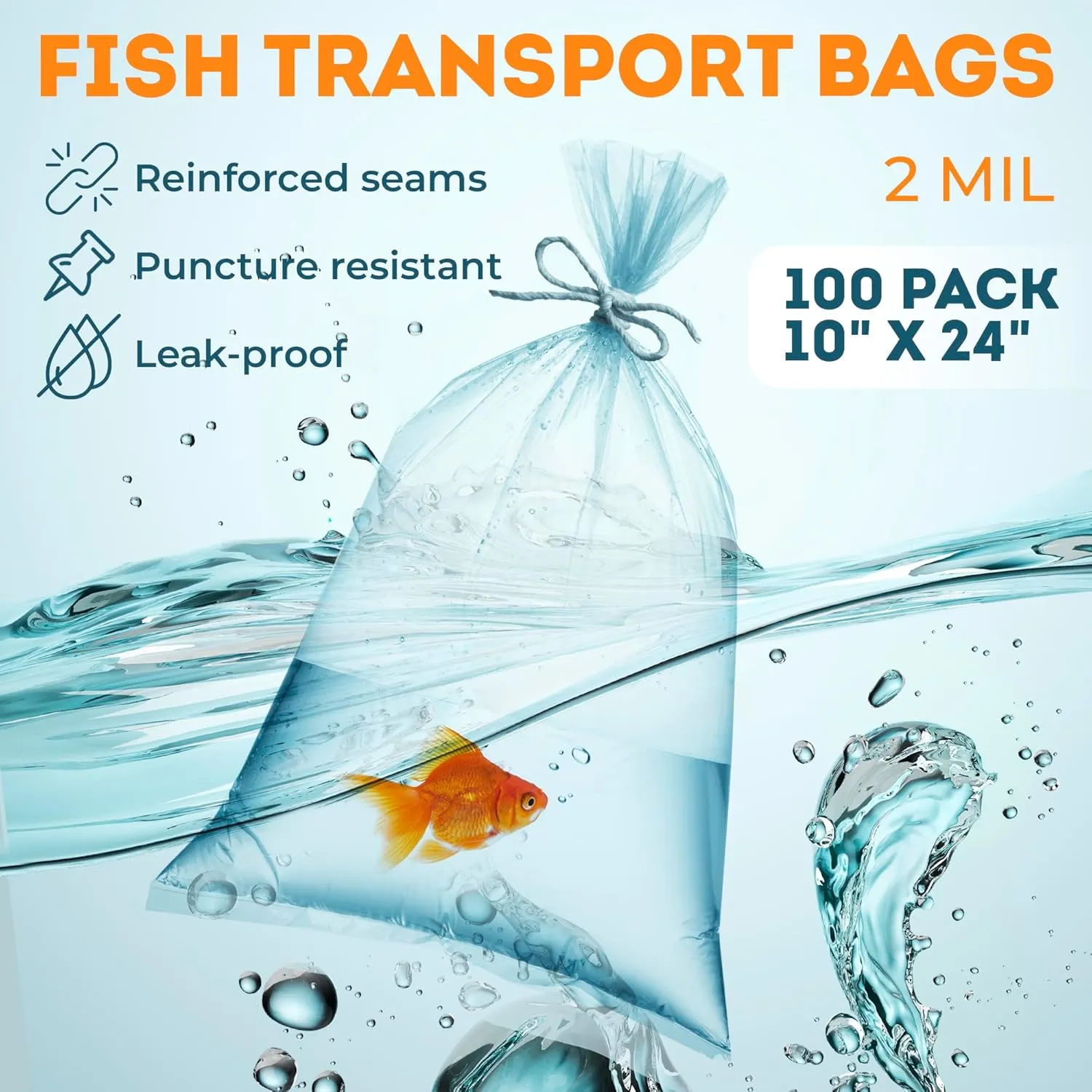 Clear Plastic Fish Bags, 10 x 24 Inches. Pack of 100 Fish Shipping Bags for Sea Creatures & Vegetation. Durable Transparent Poly Bag, 2 Mil Thick. Leak Proof Clear Bag with Reinforced Seams