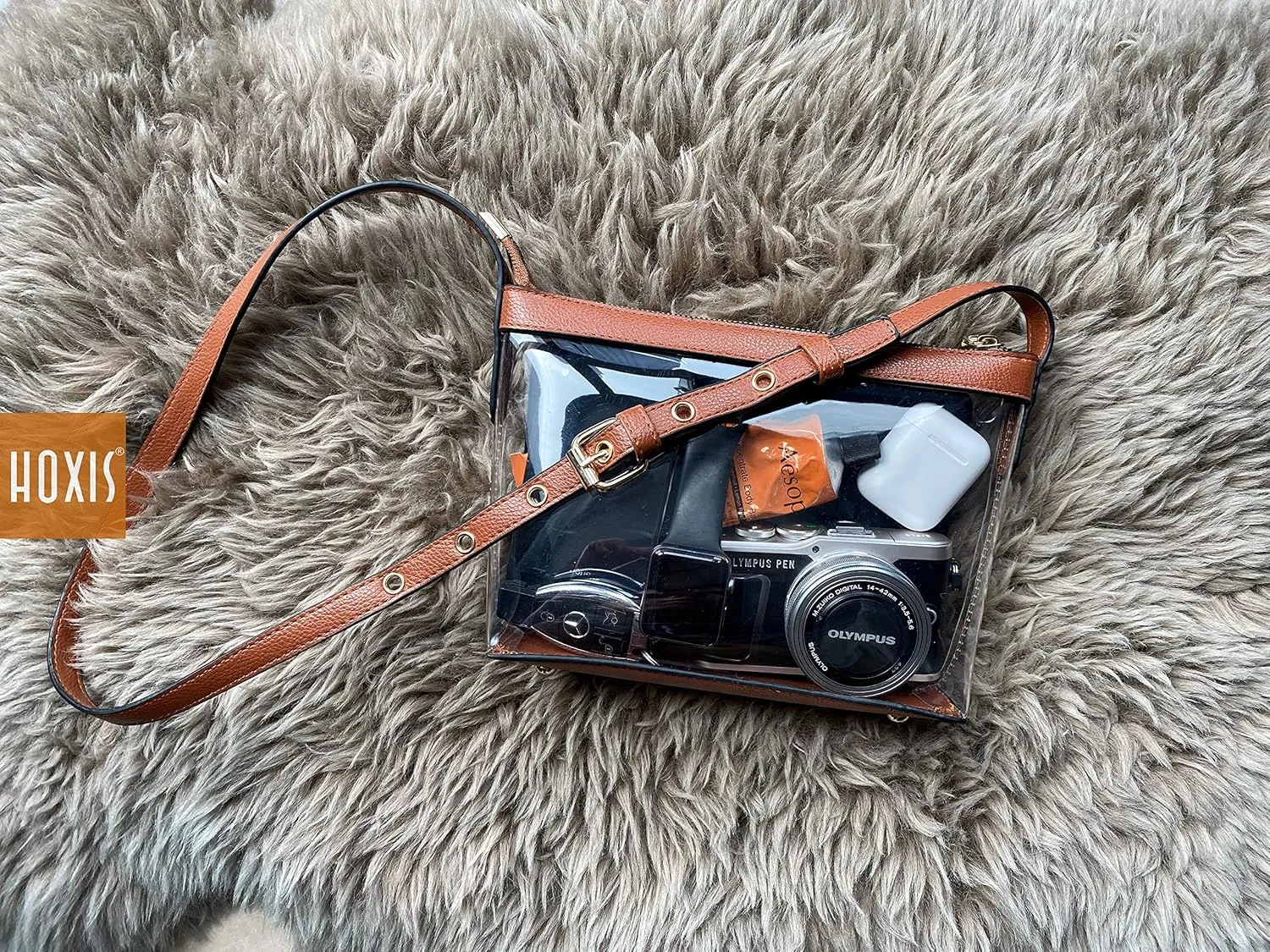 Clear Zipper Cross Body Bag with Vegan Leather Trim