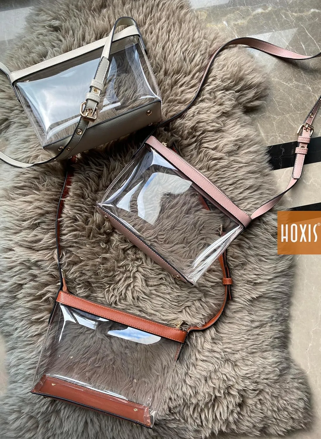 Clear Zipper Cross Body Bag with Vegan Leather Trim