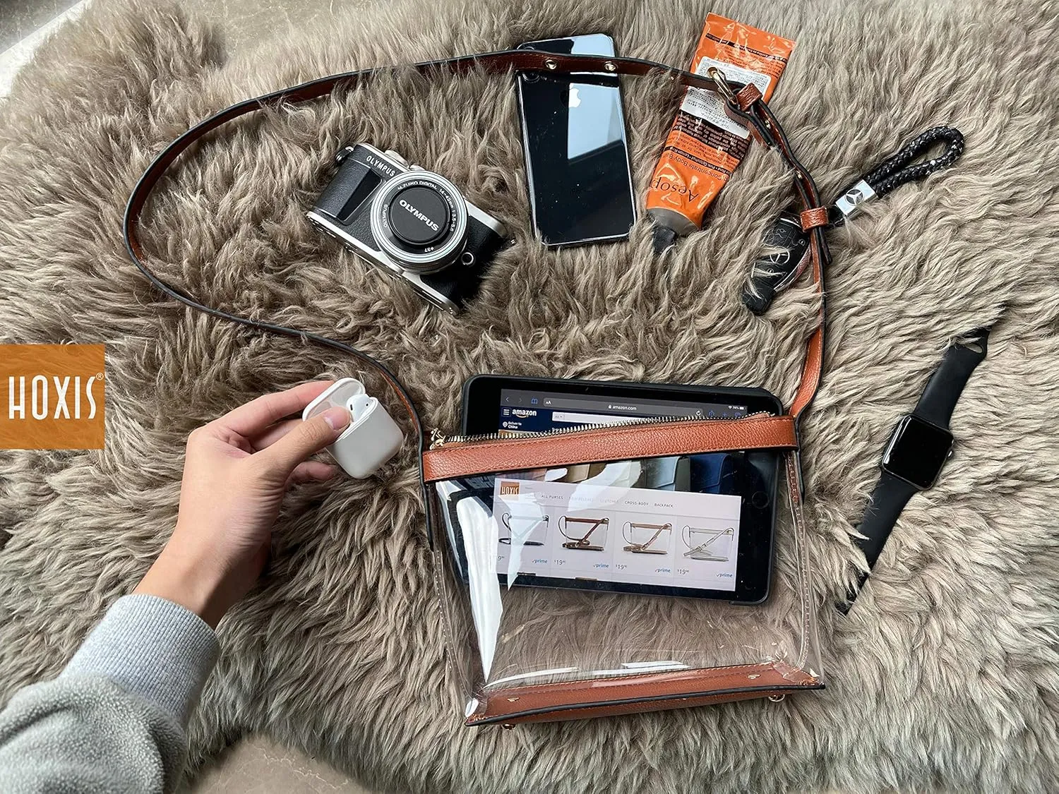 Clear Zipper Cross Body Bag with Vegan Leather Trim