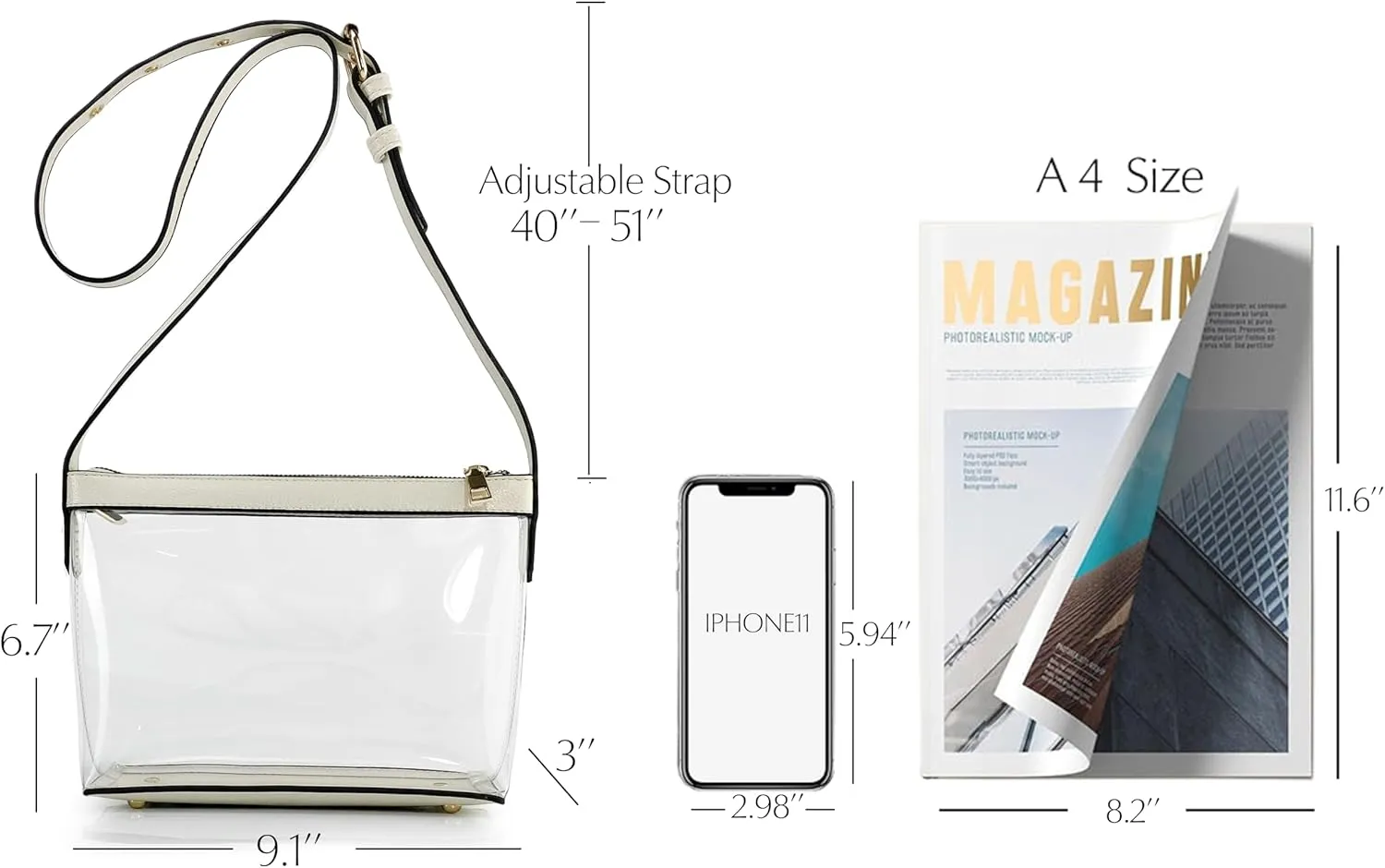 Clear Zipper Cross Body Bag with Vegan Leather Trim