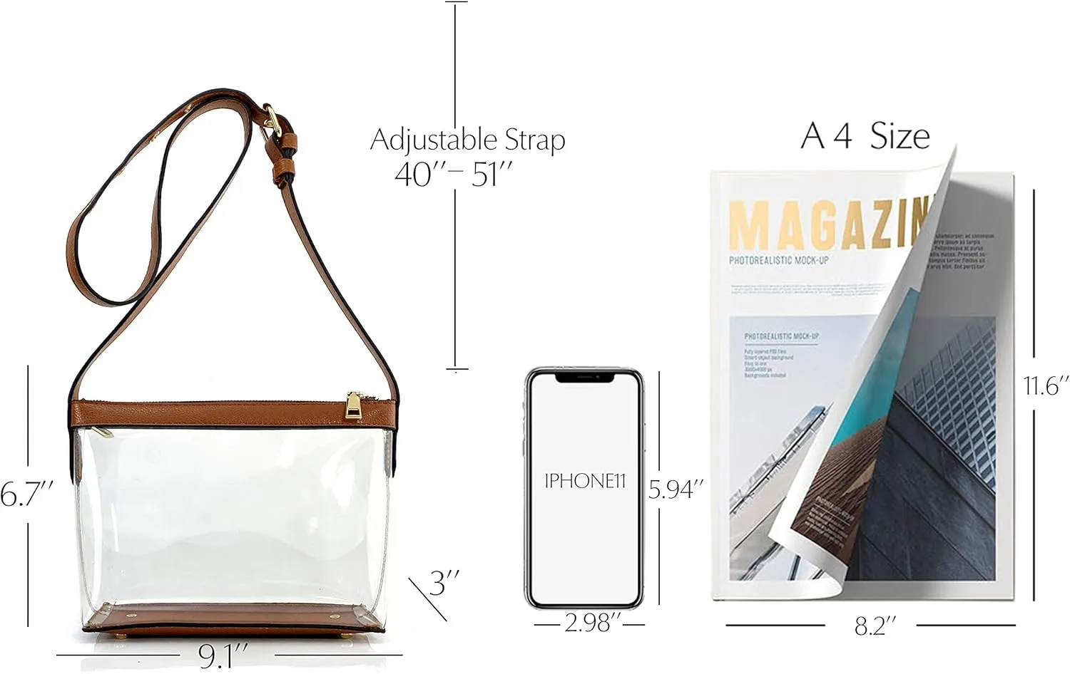 Clear Zipper Cross Body Bag with Vegan Leather Trim