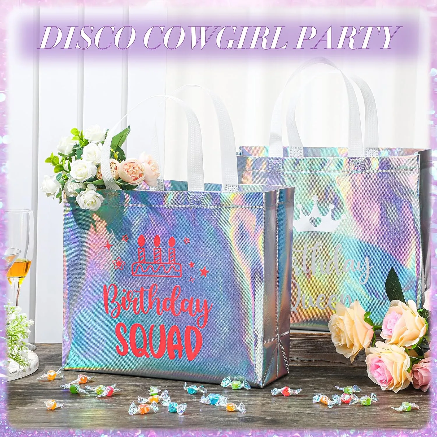 Clysee 10 Pack Reusable Birthday Squad Birthday Queen Gift Bag with Handle Large Tote Bag for Women(Iridescent Color)