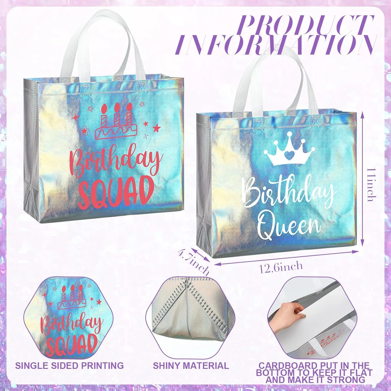 Clysee 10 Pack Reusable Birthday Squad Birthday Queen Gift Bag with Handle Large Tote Bag for Women(Iridescent Color)
