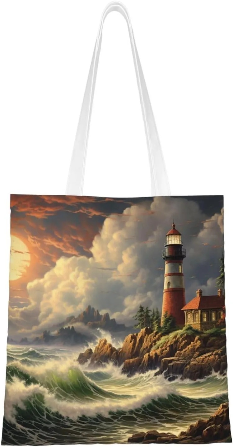 Coast Wave and Lighthouse Canvas Tote Bag for Women Grocery Bag Reusable Aesthetic Shopping Bags Beach Handbag