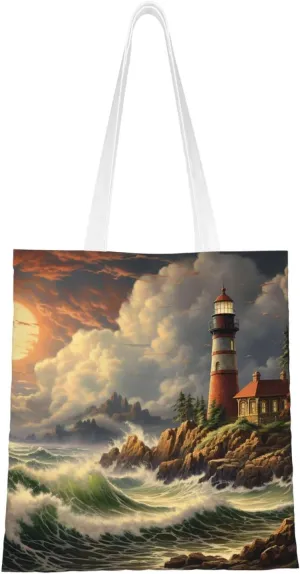 Coast Wave and Lighthouse Canvas Tote Bag for Women Grocery Bag Reusable Aesthetic Shopping Bags Beach Handbag