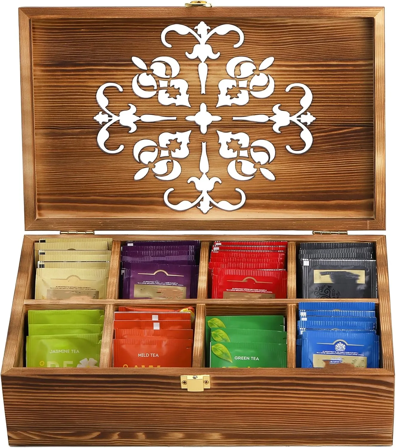 Coloch Wooden Tea Bag Storage Box with Carved Lid, 8-Compartment Tea Chest Organizer Spice Packets Container for Living Room, Kitchen, Office, Home Decor