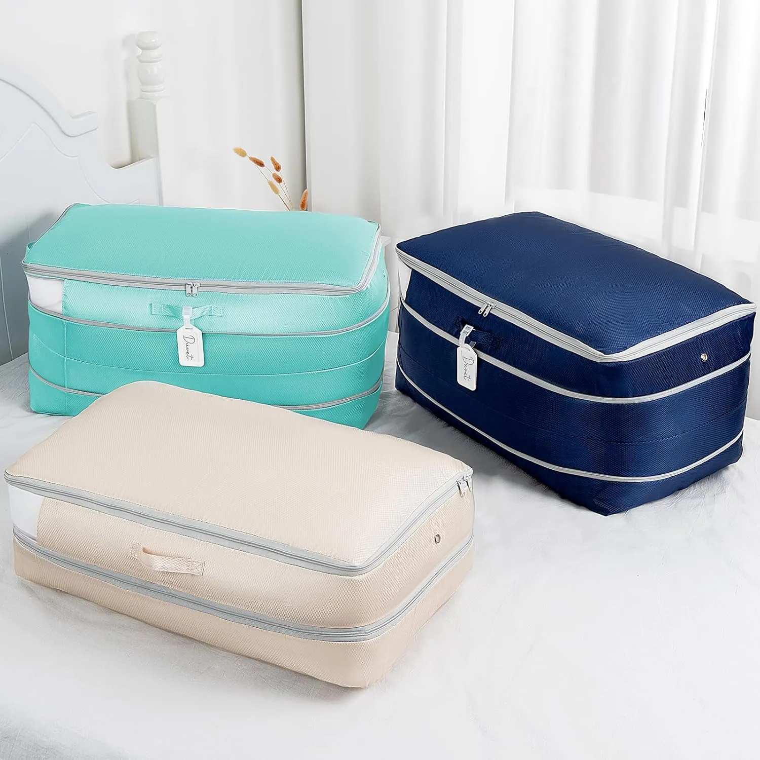 Comforter Storage Bag - Large Capacity Bedding Storage Bags Ultra Space Saving Self Compression Organizer, Washable Compression Bags for Storage Comforter Blanket Duvet Pillow, 2-Pack, Blue